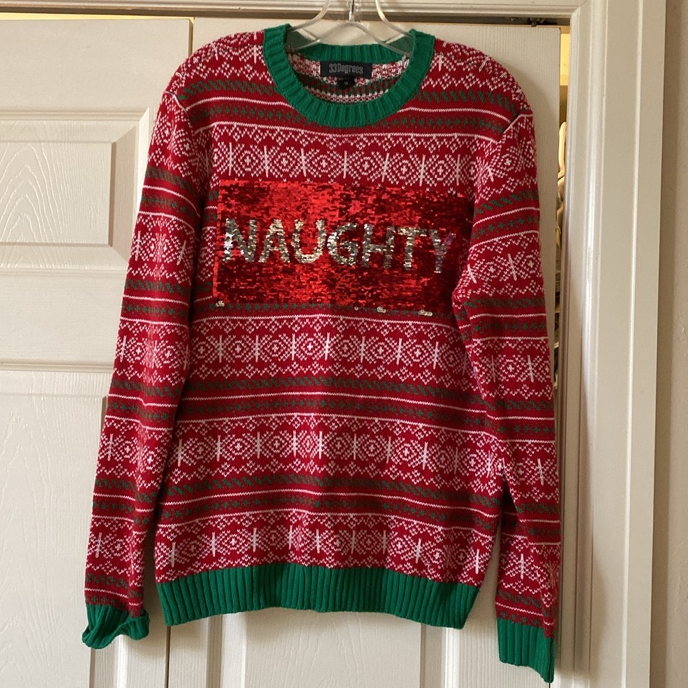 Very cool Ugly Christmas Sweater. Sequins flip naughty to nice. EUC. Size M - Picture 1 of 7